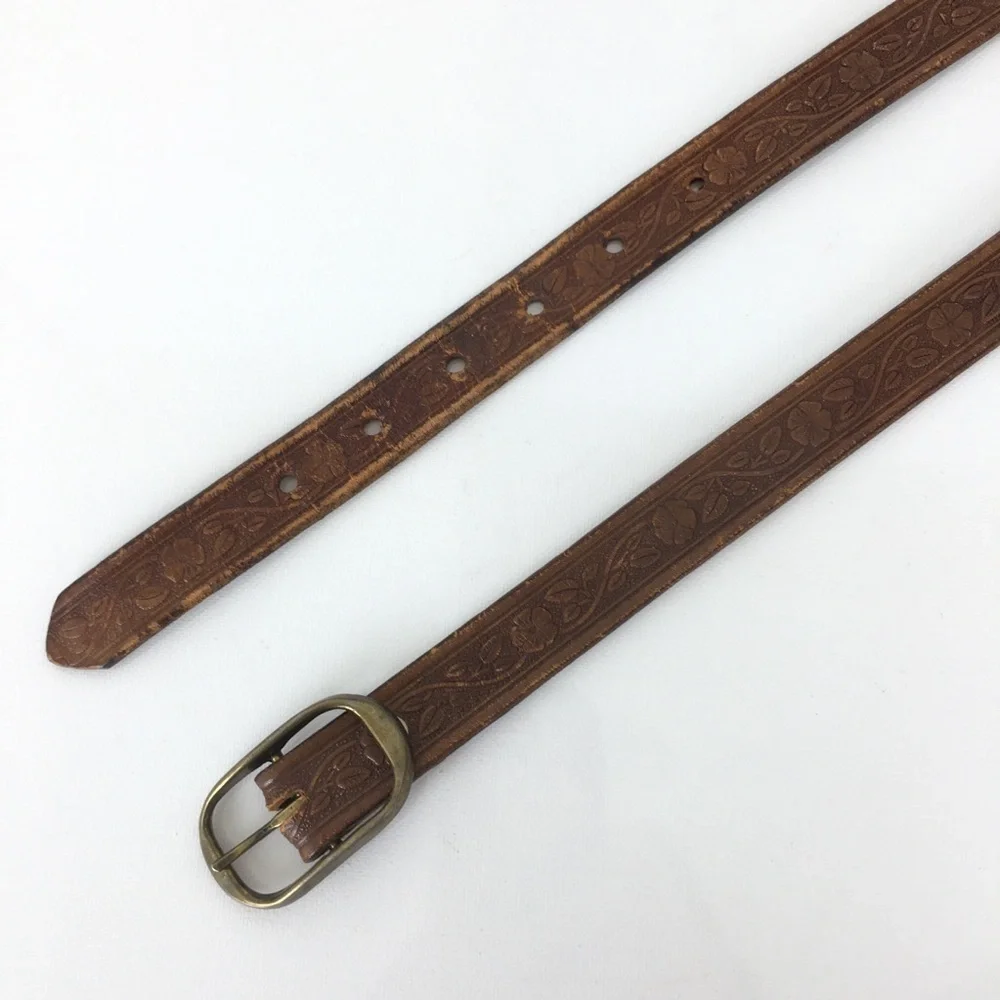 Thin Floral Tooled Leather Belt Brown by Colorado Leather Goods Feminine Western